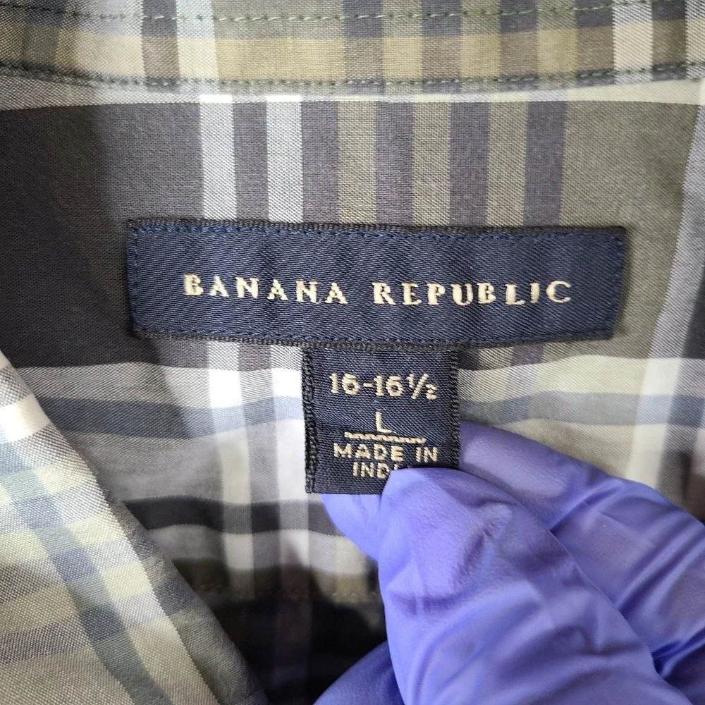 Banana Republic Shirt Men Large Green Gray‎ Plaid Button Down Cotton Blend